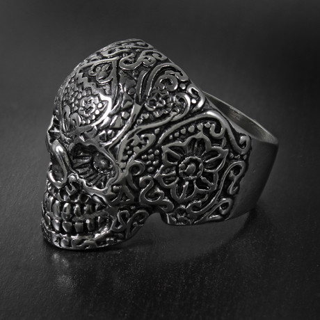 Antique Finish Day of the Dead Ring // Stainless Steel