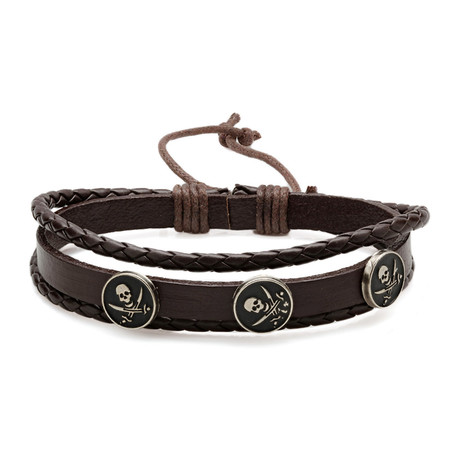 Jolly Roger Medallion Leather Bracelet // Brown