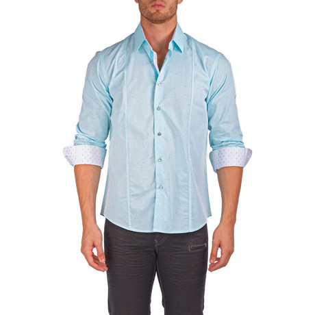 Linen Texture Long-Sleeve Button-Up Shirt // Turquoise