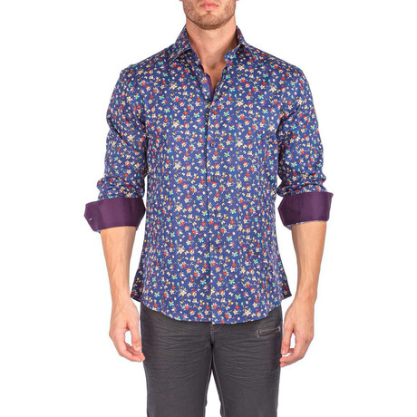 Flower Field Long-Sleeve Button-Up Shirt // Navy