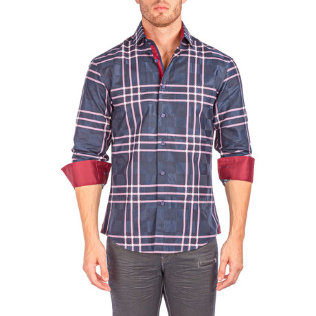 Checkered Plaid Long-Sleeve Button-Up Shirt // Navy + Pink