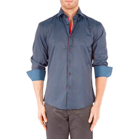 Windowpane Long-Sleeve Button-Up Shirt // Black + Teal