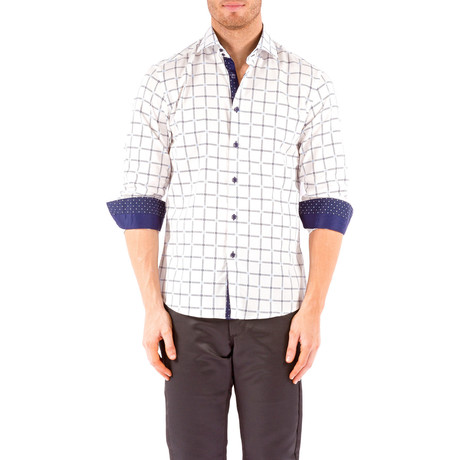 Grid Long-Sleeve Button-Up Shirt // White + Blue