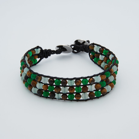 Triple Row Beaded Leather Bracelet // Green + Brown