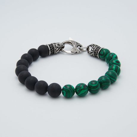 Malachite + Onyx Lobster Clasp Bracelet // Green + Black + Steel