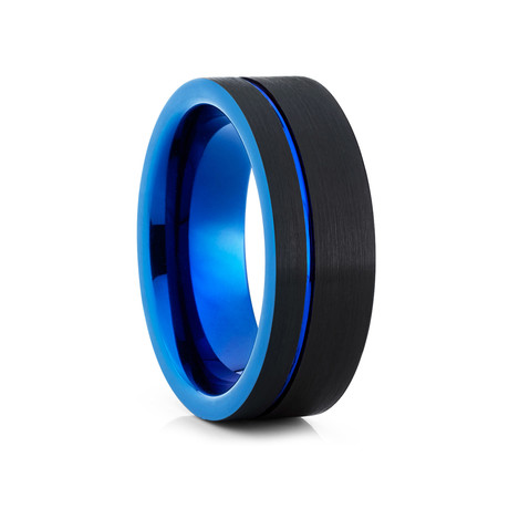 8mm Offset Groove Brushed Tungsten Ring // Blue + Black