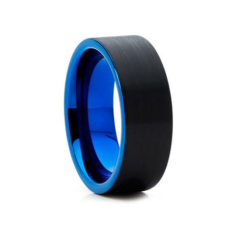8mm Pipe Cut Brushed Tungsten Ring // Blue + Black