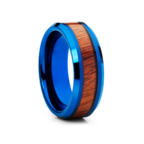 8mm Koa Wood Inlay Tungsten Ring // Blue + Brown
