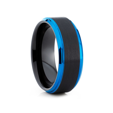 8mm Beveled Black Tungsten Ring // Blue + Black