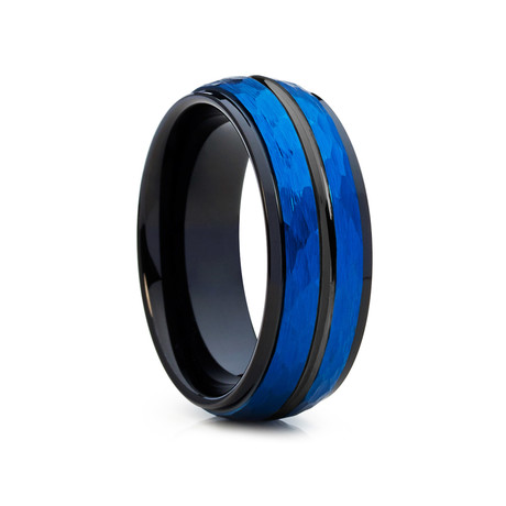 8mm Hammered Dome Tungsten Ring // Blue + Black