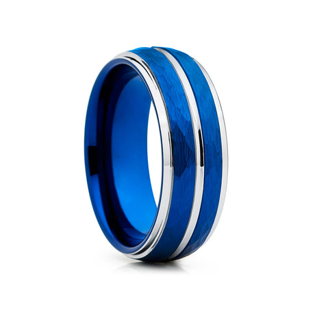8mm Hammered Tungsten Ring Dome Shape // Blue + Silver
