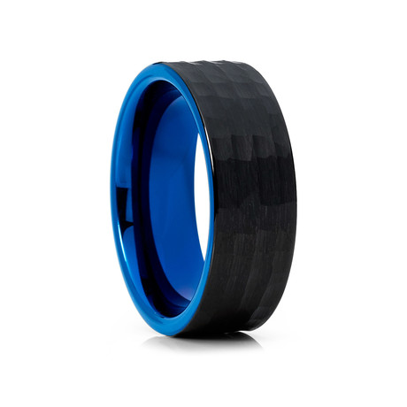 8mm Hammered Flat Tungsten Ring // Blue + Black