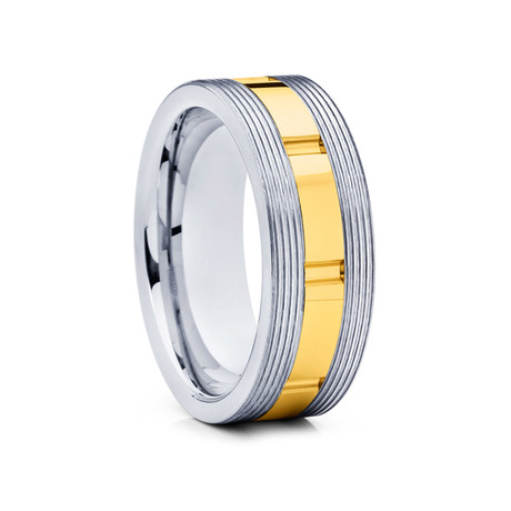 8mm Grooved Flat Tungsten Ring // Gold + Silver