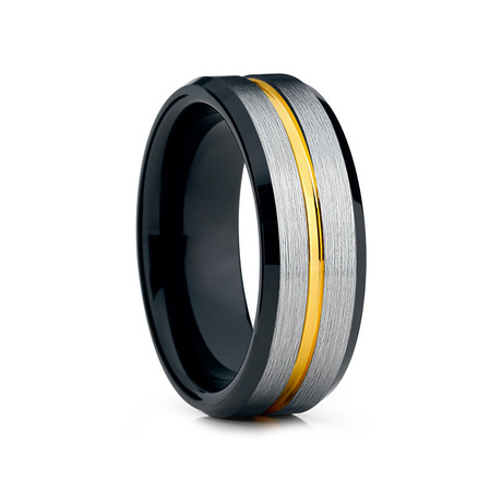 8mm Grooved Tungsten Ring // Black + Silver + Gold