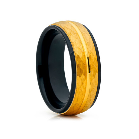 8mm Hammered Dome Tungsten Ring // Gold + Black