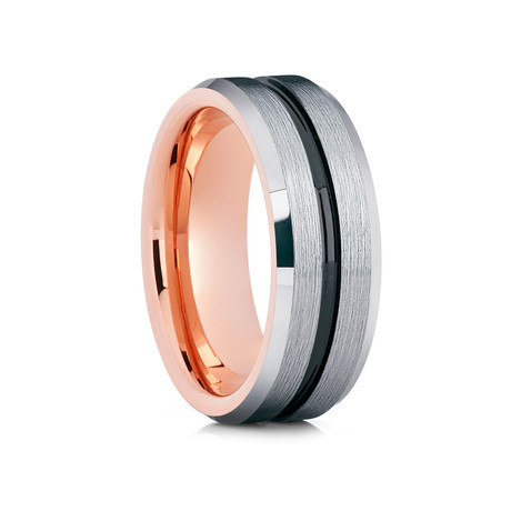 8mm Grooved Tungsten Ring // Silver + Rose Gold