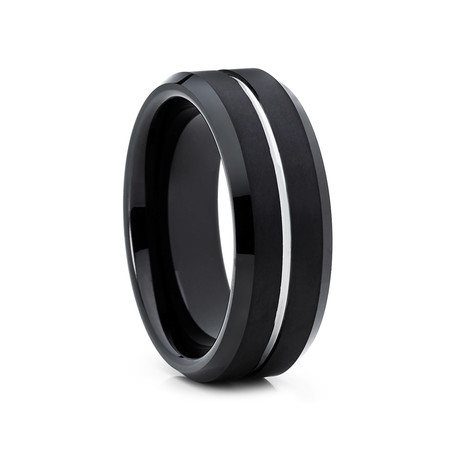 8mm Beveled Brushed Tungsten Ring // Black + Silver