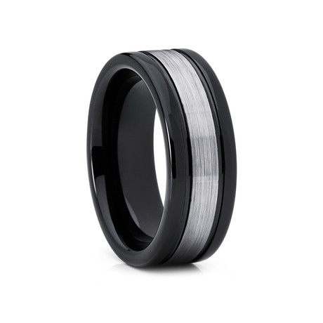 8mm Flat Grooved Tungsten Ring // Black + Silver