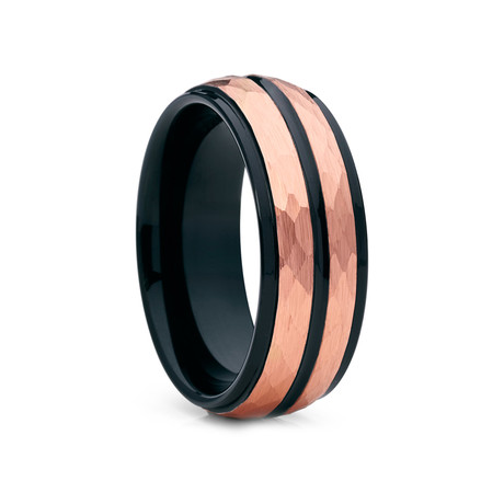 8mm Hammered Dome Tungsten Ring // Black + Rose Gold