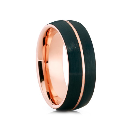 8mm Center Grooved Tungsten Ring // Black + Rose Gold