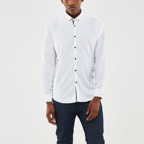 Denim Trimmed Placket Slim Fit Shirt // White