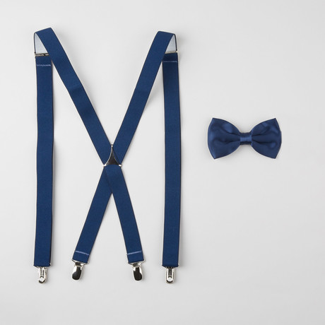 Solid Silk Bow Tie + Stretch Elastic Suspender Set // Navy