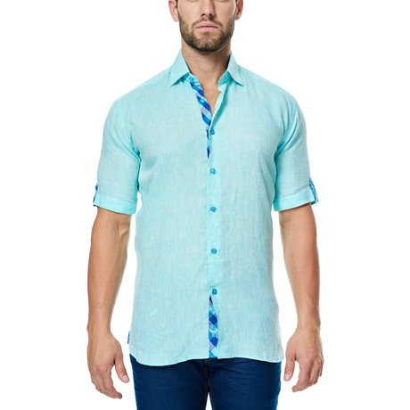 Linen Texture Short-Sleeve Button-Up // Turquoise
