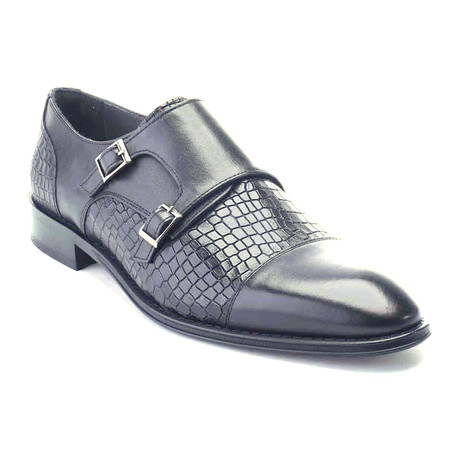 Croco Double Monk Strap Shoe // Black