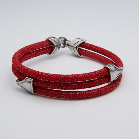 Stingray Leather Bracelet // Red + Silver