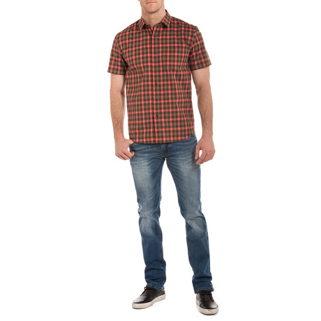 Dylan Short-Sleeve Plaid Snap Shirt // Red + Brown