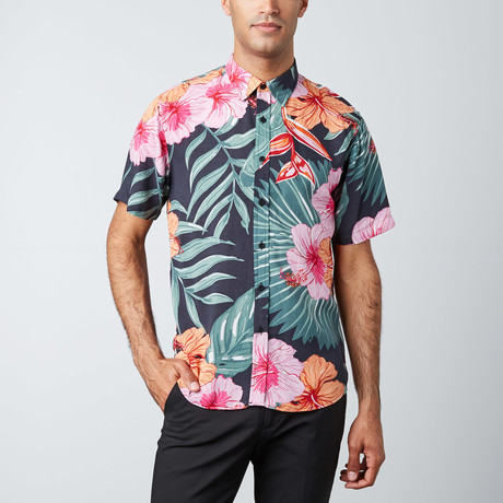 Aloha Woven Button-Up Shirt // Pink + Green