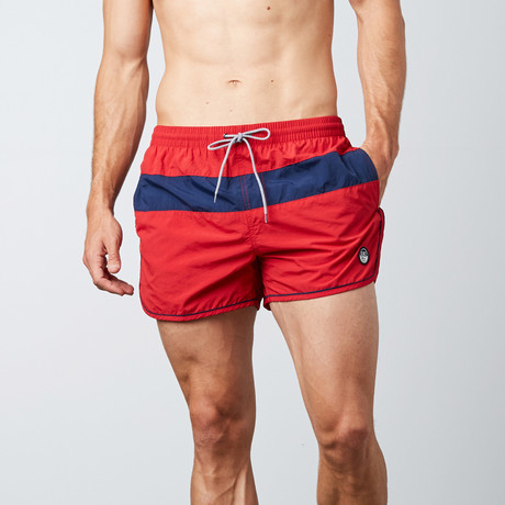 Wide Stripe Drawstring Dolphin Trunk // Red