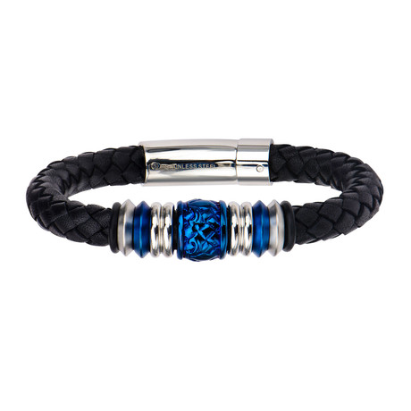 Textured Bead Braided Leather Bracelet // Blue + Black