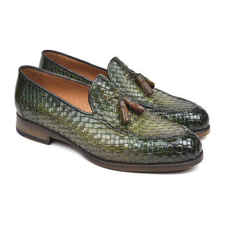Woven Leather Tassel Loafers // Green