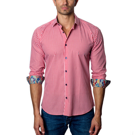 Checkered Woven Button-Up // Red + White