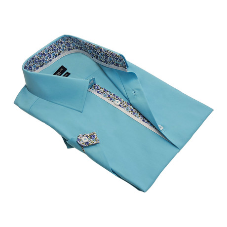 Floral-Trim Solid Button-Up Shirt // Turquoise