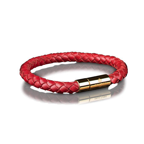 Leather Bracelet 6mm // Gold + Red