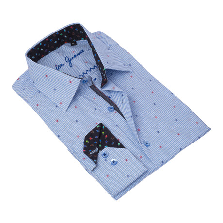 Geometric Button-Up Contrasting Trim // Blue + Red