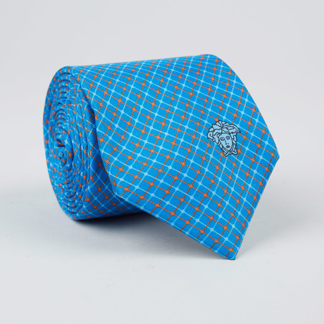 Checker Grid Print Silk Tie // Light Blue + Orange