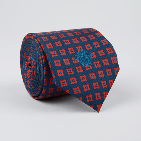 Curved Square Print Silk Tie // Light Blue + Red