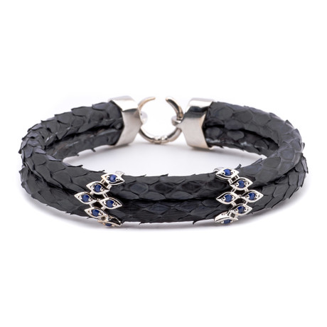 Scale Texture Multiple Evil Eye Double-Wrap Bracelet // Black + Silver + Blue