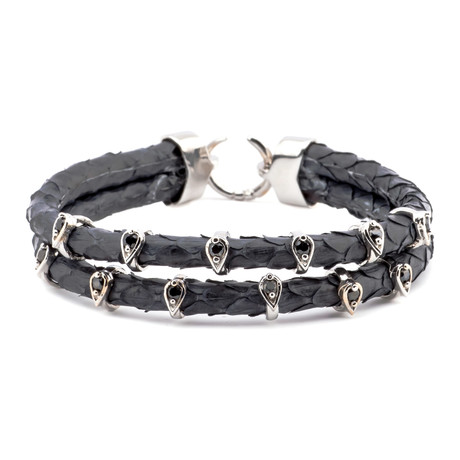 Scale Textured Tear Drop Double-Wrap Bracelet // Black + Silver