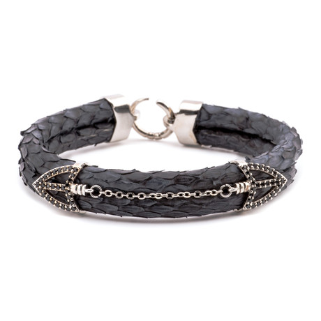 Scale Texture Double Arrow Link Double-Wrap Bracelet // Black + Silver