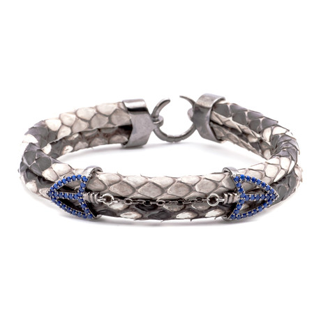 Scale Texture Double Arrow Link Double-Wrap Bracelet // Grey + Gunmetal + Blue