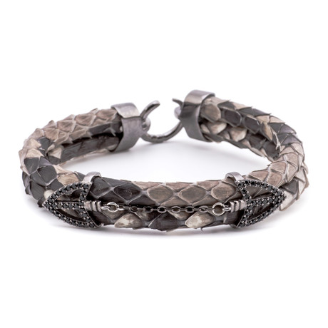 Scale Texture Double Arrow Link Double-Wrap Bracelet // Grey + Gunmetal + Black