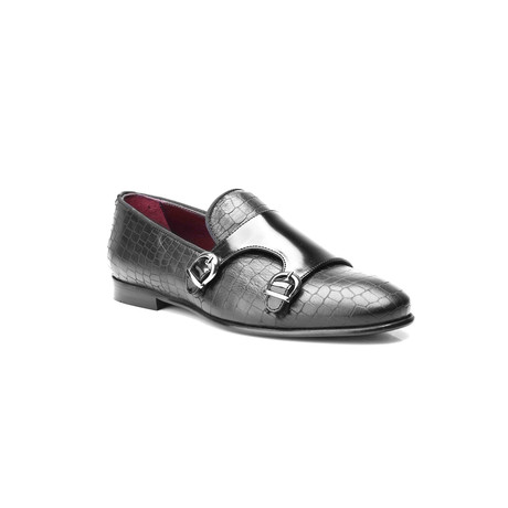 Croc Embossed Double Monk Loafer // Black