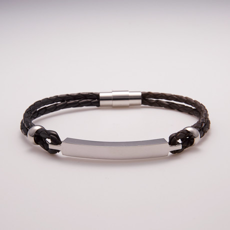 Leather Stainless Steel Two-Toned ID Bracelet