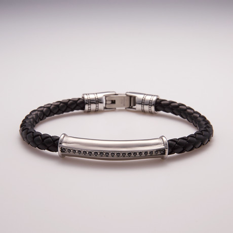 Leather Stainless Steel Black CZ Stripe Bracelet