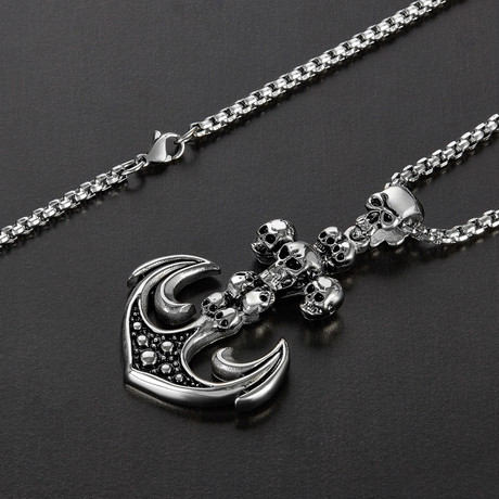 Skull Anchor Pendant Necklace // Silver + Black