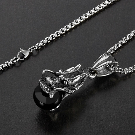 Glass Ball Dragon Pendant Necklace // Silver + Black